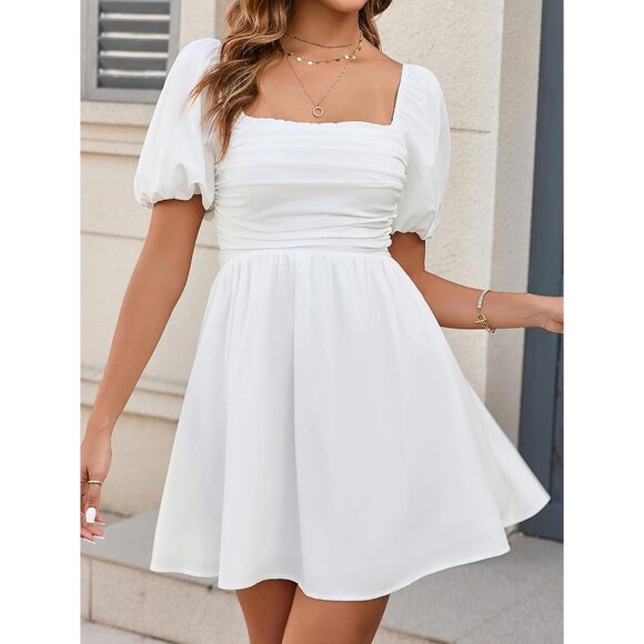 Women's Summer Short Dress Polyester Size M Off Shoulder Puff Sleeve Casual - Picture 3 of 5